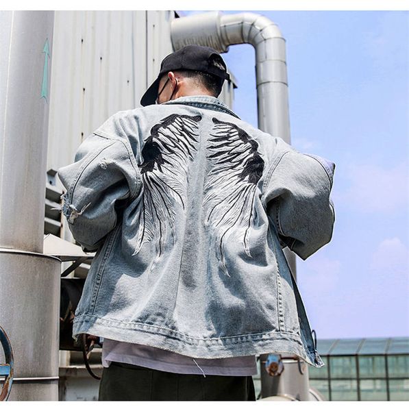 

new mens designer jeans jacket men streets wing embroidery denim coat male hole jean coat jackets hip hop outwear, Black;brown