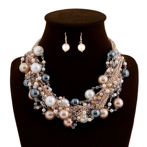 

s768 new europe party casual jewelry set womens exaggerated mixed color pearl beads necklace short earrings necklace set, Silver