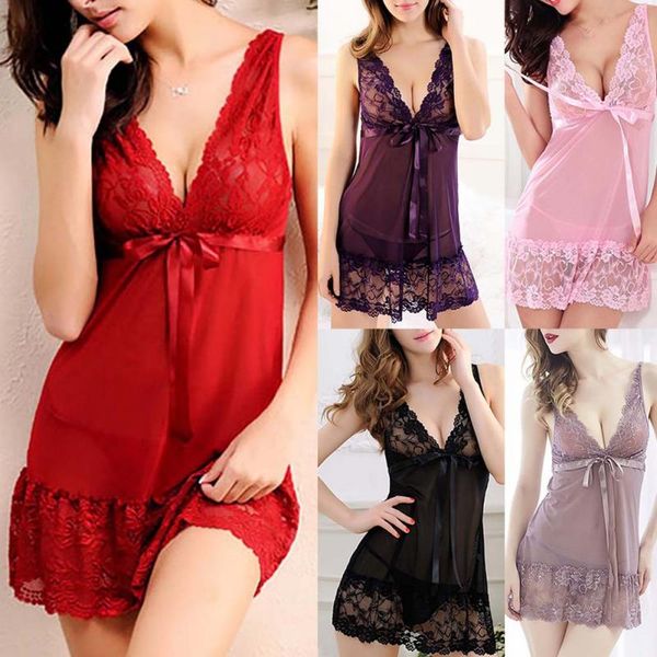 

xxl plus size elastically women nightwear lace nightgown sleepwear dress g-string lingerie robe drop shipping #2, Black;red