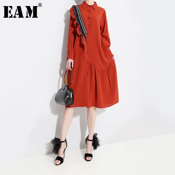 

eam] 2020 new spring autumn lapel long sleeve red loose ruffles stplit joint big size shirt dress women fashion tide jq148, Black;pink