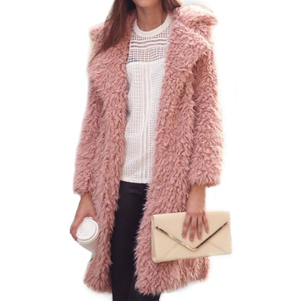 

coat winter women casual fashion 2019 faux fur plus size warm fluffy hairy female overcoat new ladies turn down collar, Black