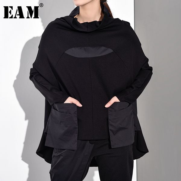 

eam] 2020 new autumn winter high collar long sleeve black hit color pocket split joint big size sweatshirt women fashion jq0180