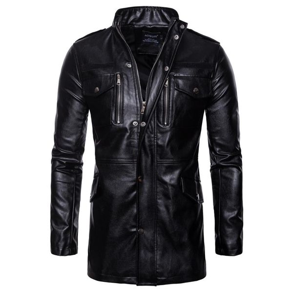

autumn new long leather jacket stand collar four pocket motorcycle leather jacket, Black
