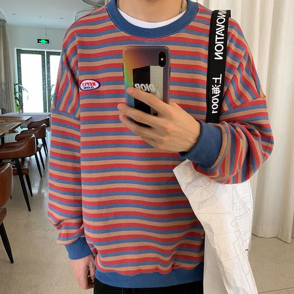 

men's hoodies & sweatshirts 2021 stripe printing coats round neck loose cotton casual clothes red/blue/yellow/brown pullover m-2xl, Black