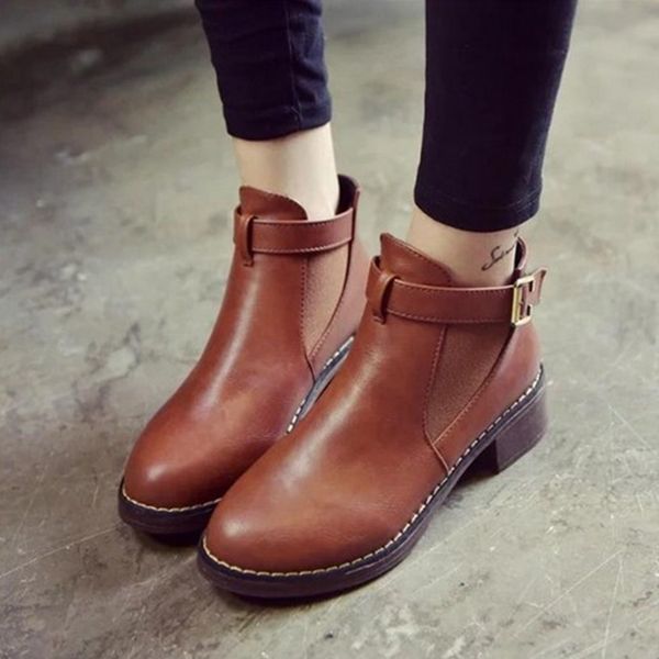 

laamei women ankle boots 2018 autumn female shoes woman flat fashion platform round toe buckle strap solid comfortable, Black