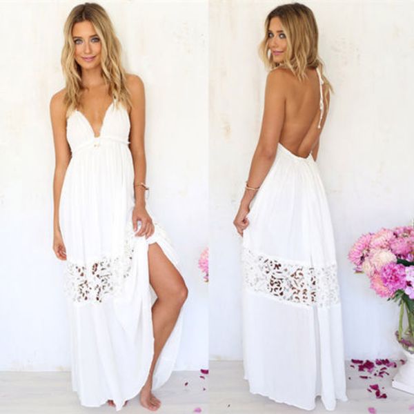 

women maxi long lace floral decor summer beach backless ball gown dress sundress 2018 new, Black;gray