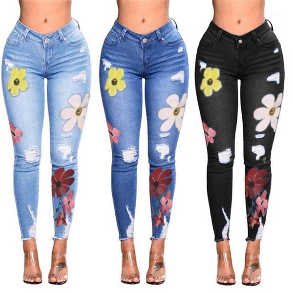 

winter womens designer jeans skinny vintage high street fashion ladies denim pants scratched hole floral autumn, Blue