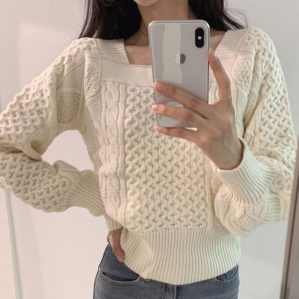 

women fashion knitted pullovers autumn winter sweater women long sleeve jumpers square neck female knit, White;black