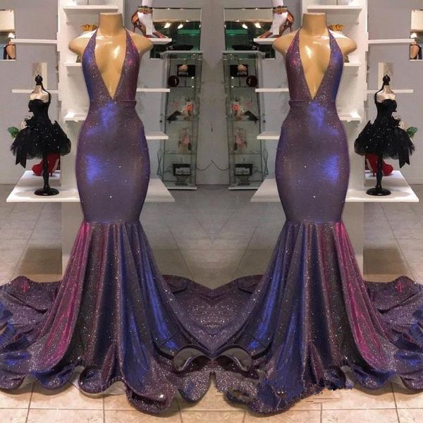 

2019 deep v neck sequins mermaid prom dresses ruched ruffles floor length sweep train formal evening dresses bc1256, Black