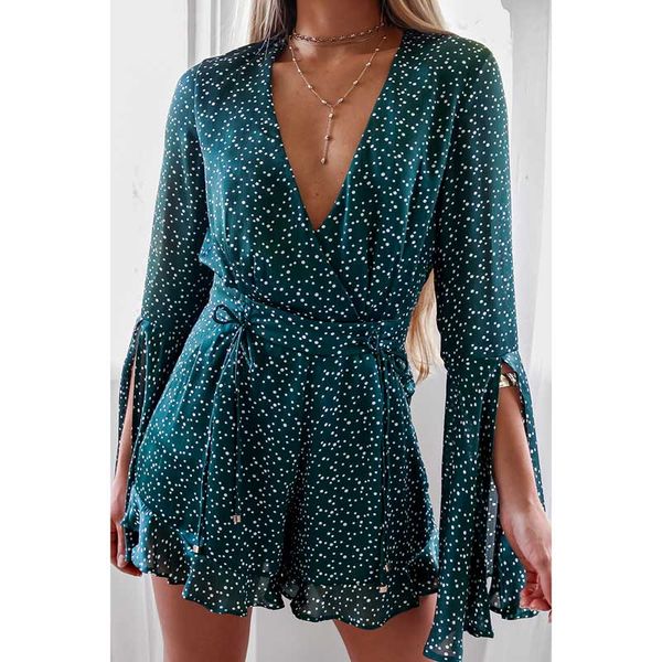 

boho inspired emerald polka dots playsuit for women flared sleeves ruffle hem v-neck rompers chic 2019 spring summer jumpsuit, Black;white