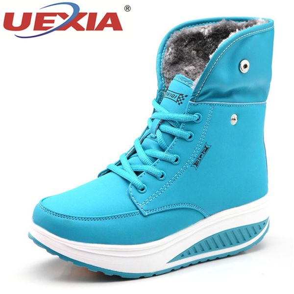 

uexia women boots with fur winter ankle wedges warm shoes fashion snow walking flats ladies tenis femal footwear, Black