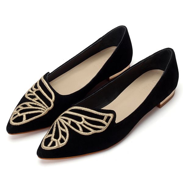 

shoes woman casual flat with loafers pointed toe spring 2018 fashion butterfly embroidery shallow comfortable breathable slip, Black