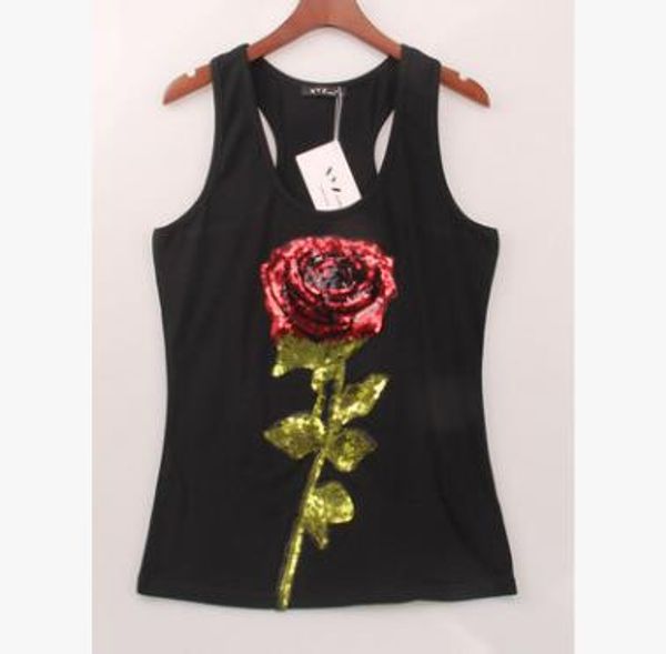 

woman summer t shirts for women's sleeveless sequined flower rose t -shirt female shirt lady harajuku t-shirts, White