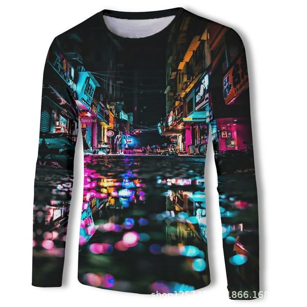 

mens designer special autumn long sleeve casual round collar t-shirt night view printing, White;black