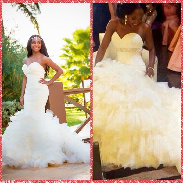 

sweetheart slim mermaid wedding dresses 2020 bridal gowns crystal waist long tiered vestidos de mariee custom lace up back, White