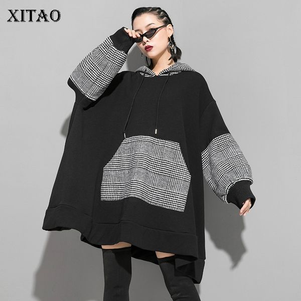 

xitao plaid stitching hoodies women thick warm sweatshirt personality plus size women autumn winter clothes 2019 xj2264, Black