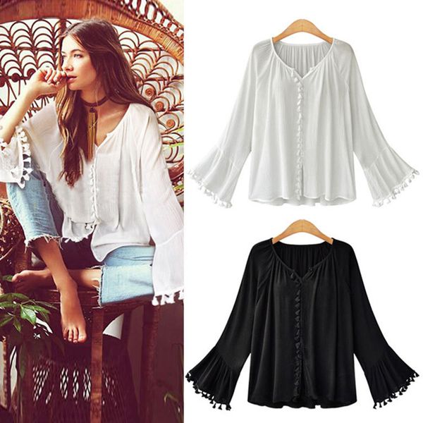 

women's solid color fringed blouse fashion loose v-neck trumpet sleeve shirt summer ladies casual blouse blusas #lr2, White