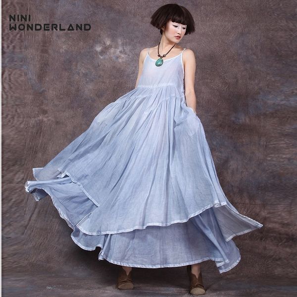 

NINI WONDERLAND summer sleeveless spaghetti strap large bottom asymmetrical dress Women vintage Bohemian maxi dresses irregular