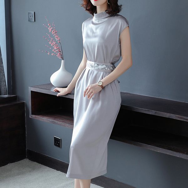 

summer autumn embroidery standing collar silk retro women dress lady elegant office lady dress christmas party dresses female, Black;gray