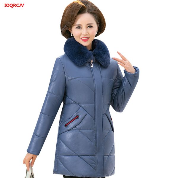

middle-aged women's pu leather cotton coat 2019 winter plus velvet thickened down cotton jacket plus size 5xl female parkas 1727, Black