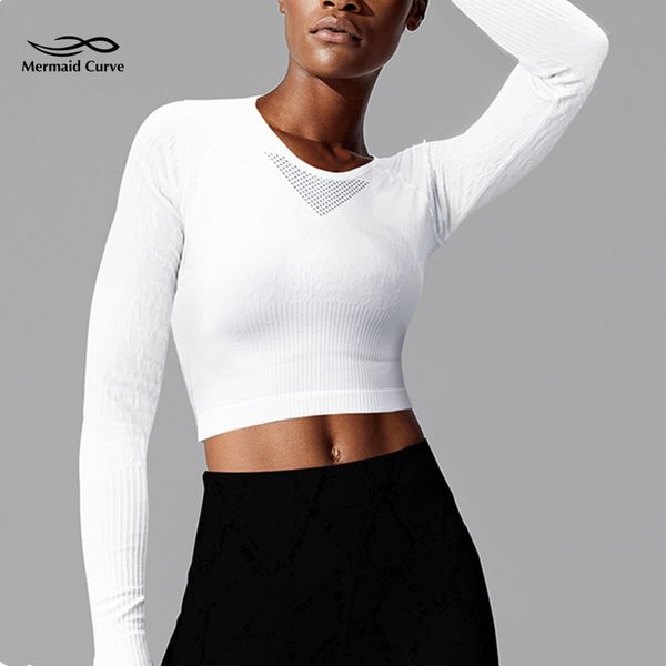 

mermaid curve yoga shirts women breathable mesh long sleeve quick-drying tight gym workout running t shirts crop top, White;red