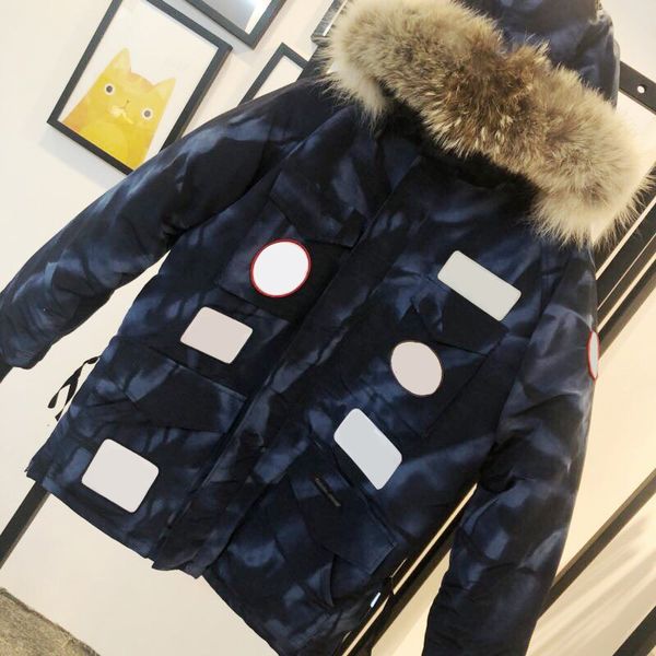 

luxury mens jacket canada fashion goosedown boutique high end jackets luminous stripe camouflage print large size thick warm fur collar top, Black