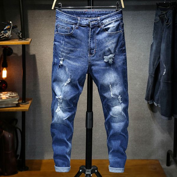 

jeans men denim loose ankle-length plus size spring summer hole bleached cowboy trousers wild male, Blue