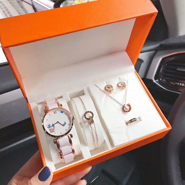 

fashion lady 5 sets include watch necklace bracelet earring ring with box dress diamond watches for women valentine gift, Slivery;brown