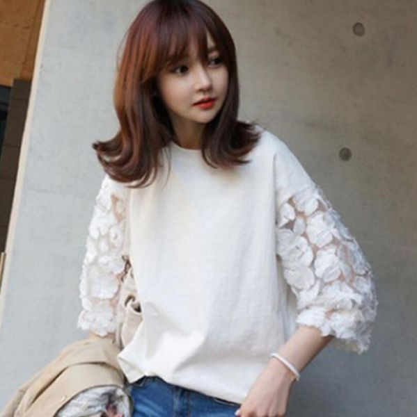 

2019 sweet solid woman shirt spring autumn o-neck petal sleeve loose female blouse a1091, White