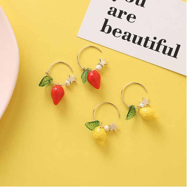 

mini lemon strawberry hoop earrings acrylic sweet fruit jewelry party gift for friend cute drop earrings, Golden;silver