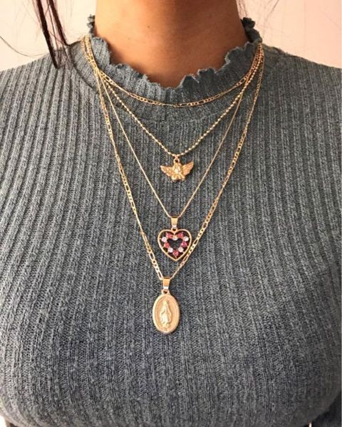 

angel heart pink crystal figure pendant necklaces clavicle chain multilayer gold necklace set wedding bridal jewelry gift, Silver