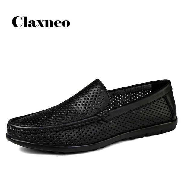 

men dress shoes slip on ventilation holes 2020 mans shoe genuine leather breathable formal loafers boat footwear flat moccasins, Black