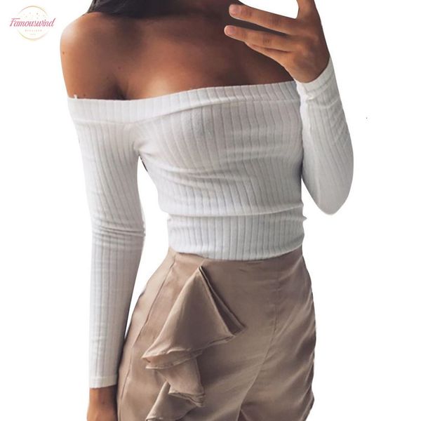 

fashion womens off shoulder long sleeve striped short solid t shirt korean punk t shirt camiseta feminina, White