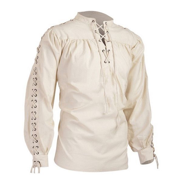 

shujin men medieval knight warrior costume tunic clothing shirt male retro lace up halloween viking renaissance pirate shirt, White;black
