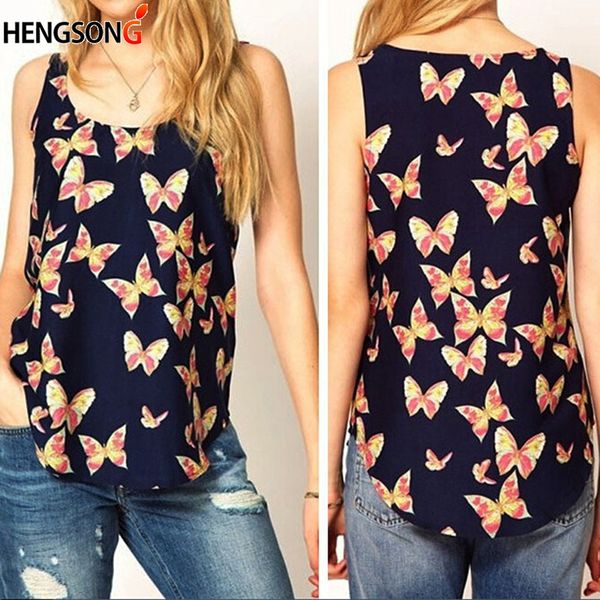 

fashion chiffon women tanks vest butterfly printed female camis ladies female o-neck sleeveless woman tees, White