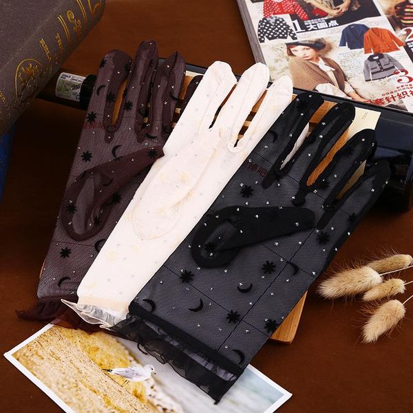 

женские старинные солнцезащитные цветочные перчатки анти-уф кролик кружевные перчатки вязаные флип звезды луна перчатки флип топ, Black;white