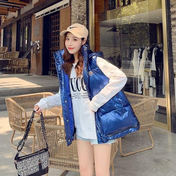

autumn jacket winter vest women waistcoat 2019 female sleeveless vest jacket hooded warm long gold glossy silver -85, Black;white