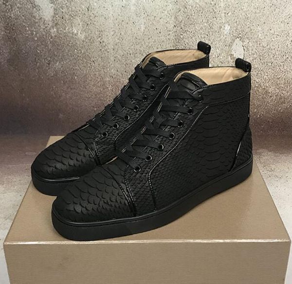 

full packaged ] super quality men sneakers red bottom high cut full spiked sliver louflat spiked leather sneaker fashion men women casual, Black