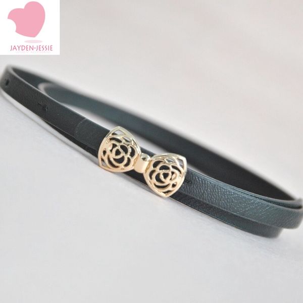 

cutout bowknot buckle belt rose flower color women's slim belt basic style designer women, Black;brown