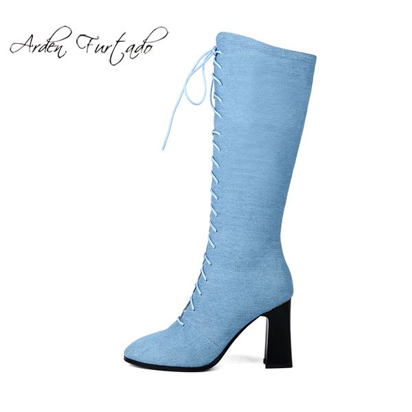 

fashion denim women's shoes in concise 2019 cross lacing comfortable sweet sky blue chunky heels elegant women's boots kn, Black