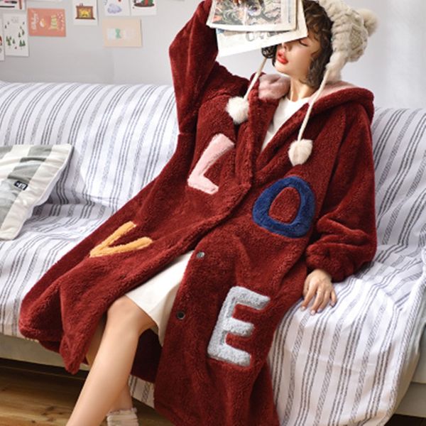 

new winter coral velvet pajama women's korean large flannel hooded bathrobe women's loose medium length nightgown winter, Black;red