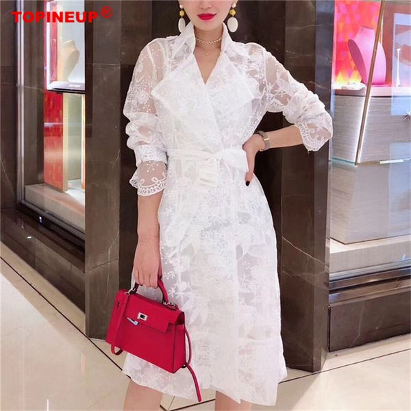 

2019 fashion lace thin medium-long new style temperament small frensh dress solid color turn-down collar with belt, Tan;black