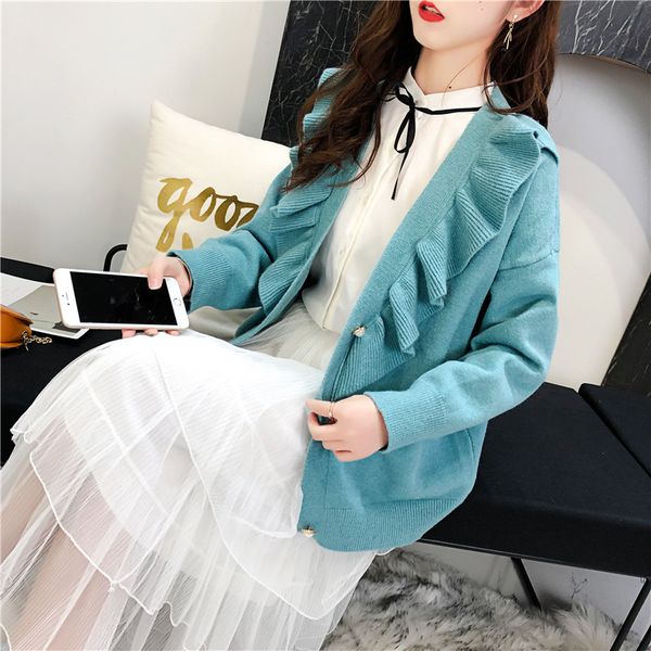 

east gate season sweet temperament v lead single row buckle leaf edge sweater loose coat woman easy, Black