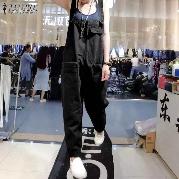 

zanzea 2020 vintage suspender women's jumpsuits casual sleeveless denim blue rompers solid playsuits overalls female harem pants, Black;white