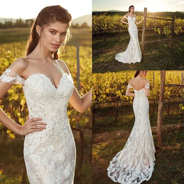 

Country Full Lace Mermaid Wedding Dresses Sweeetheart Backless Covered Buttons Plus Size Bridal Wedding Gowns Custom Made
