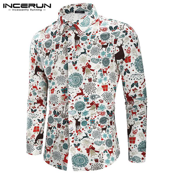 

incerun 2019 fashion men dress shirt christmas printed streetwear button lapel party long sleeve brand casual shirts men s-3xl, White;black