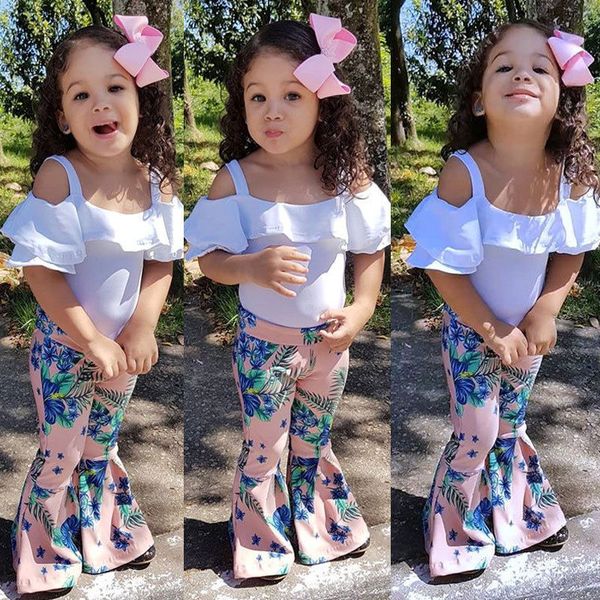 

pudcoco girl set 1y-6y toddler flared pants outfits kid baby girl t-shirt+loose leggings clothes, White
