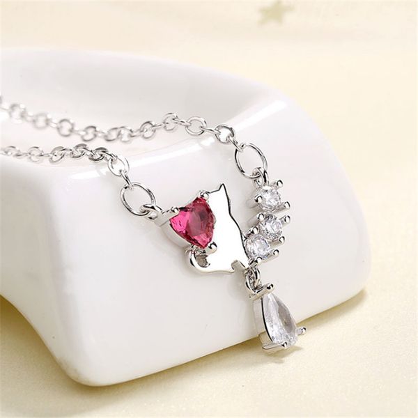 

fashion 925 sterling silver pendants necklace cute cat water drop red stone crystal womens necklaces jewelry p209