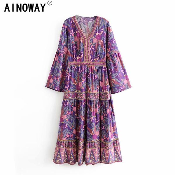 

vintage chic women floral print bat sleeve beach bohemian pleated maxi dress ladies v neck tassel summer boho dress vestidos, Black;pink