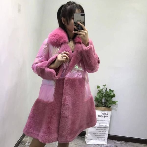 

real sheep fur coat plus size korean abrigo mujer white down jacket skirt style parka turn-down collar with natural real fur, Black